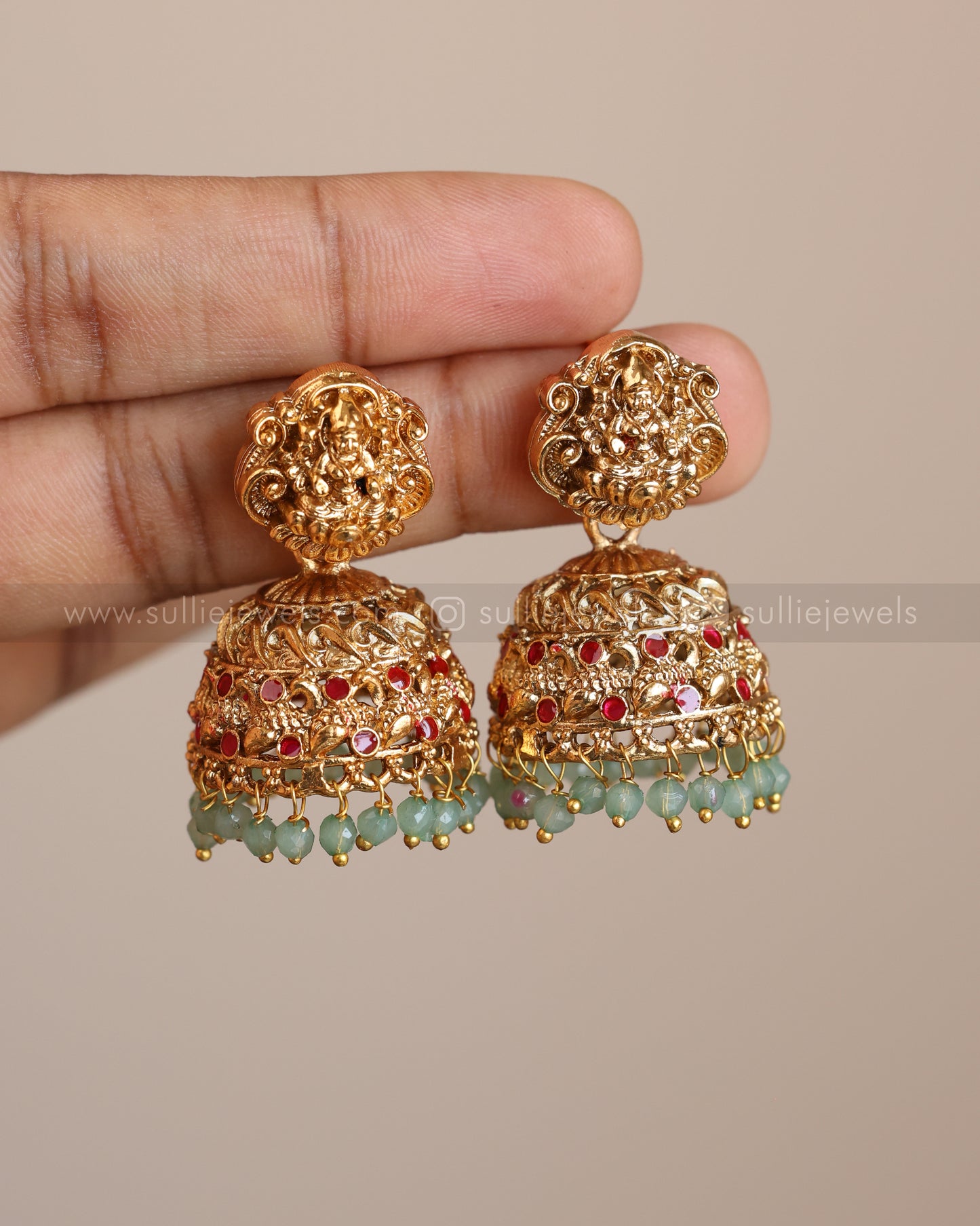 Sullie Basic - Lakshmi Gold & Mint Beads Long Chain / Haaram with Jhumka