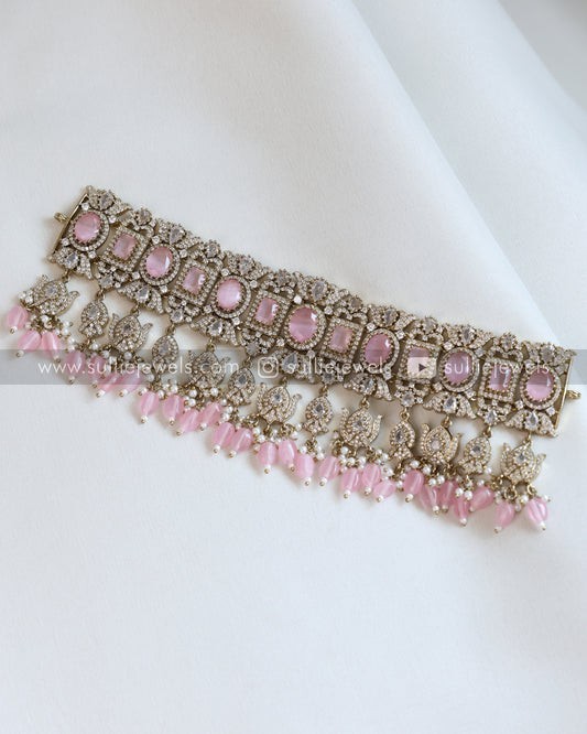 Polki Premium Heavy Choker with Earrings - Pastel Pink