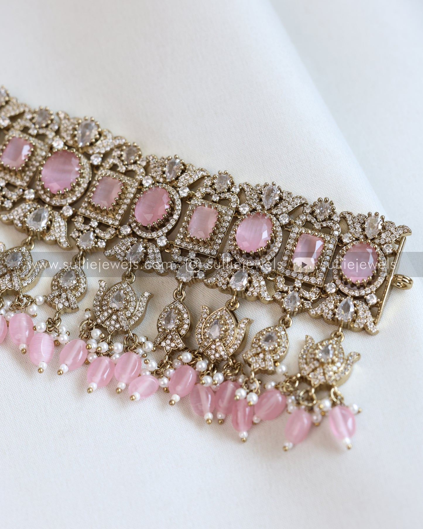 Polki Premium Heavy Choker with Earrings - Pastel Pink