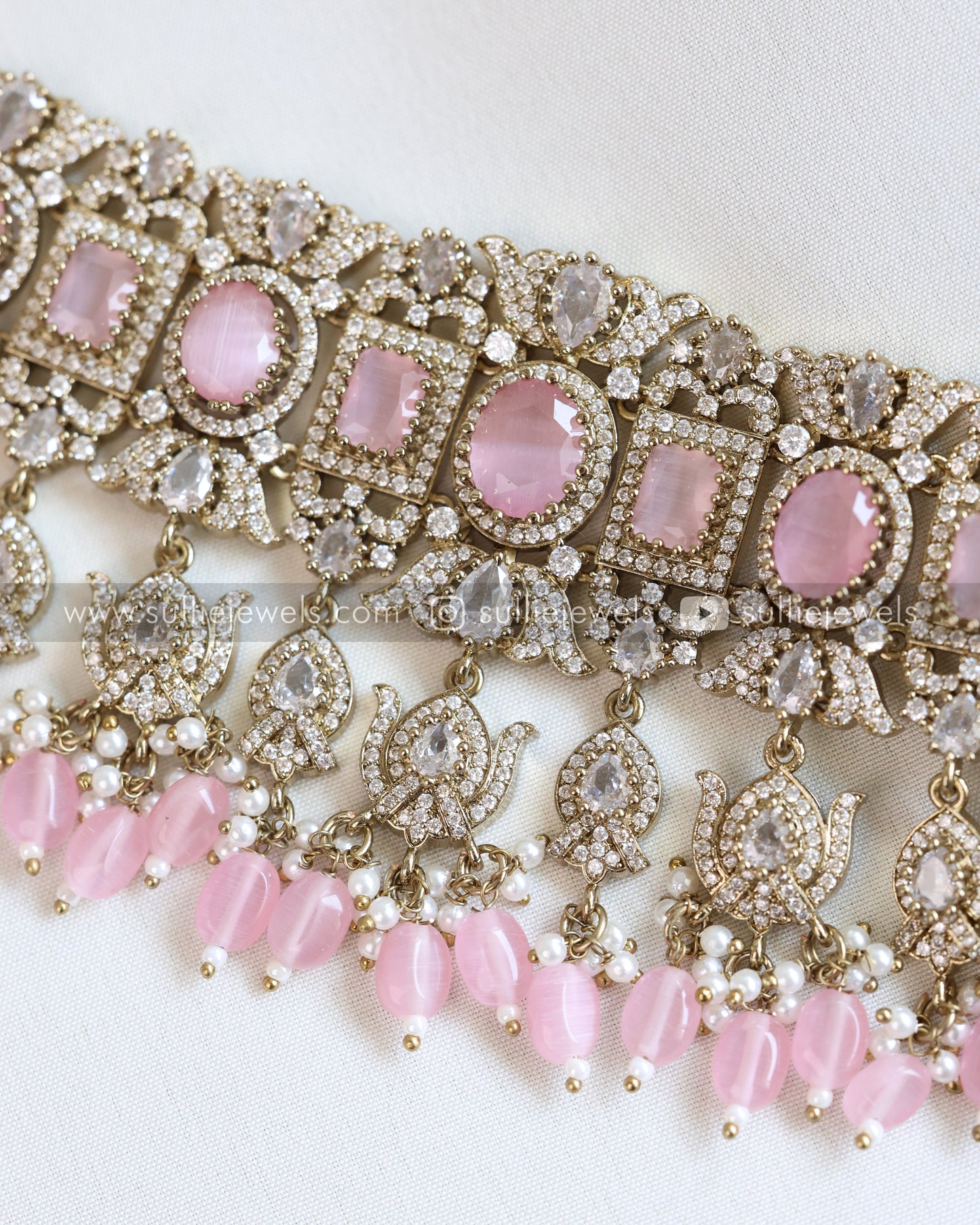 Polki Premium Heavy Choker with Earrings - Pastel Pink