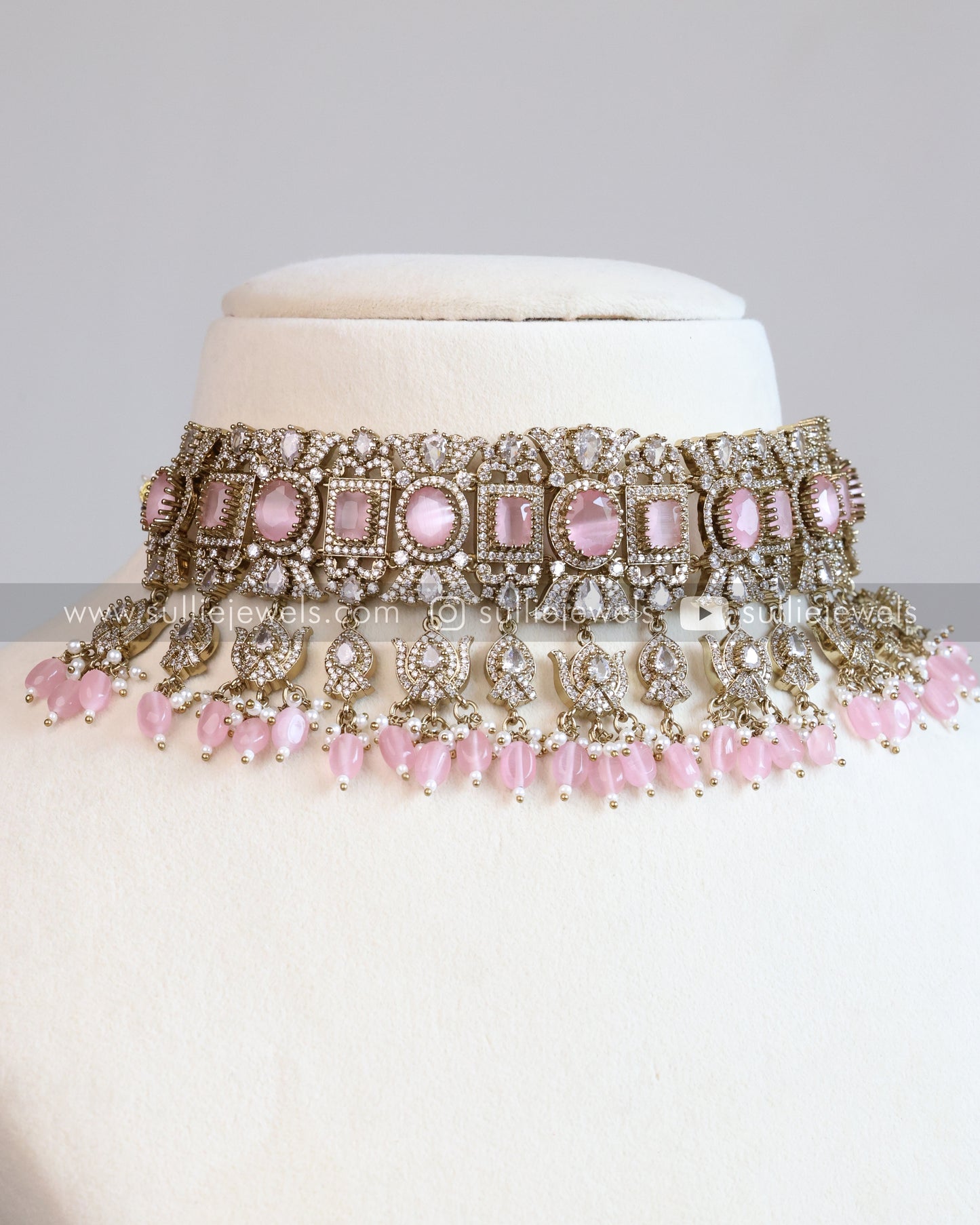 Polki Premium Heavy Choker with Earrings - Pastel Pink