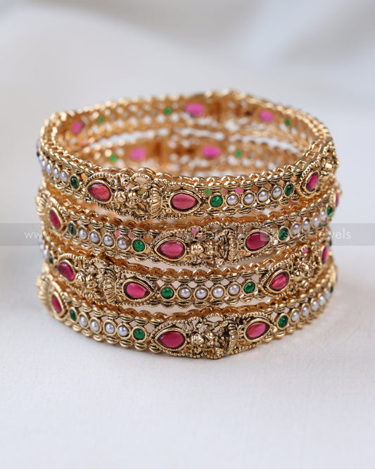 9047 - Sullie Basic - Raindrop Ruby Stone Lakshmi Pearl Bangle - Set of 4