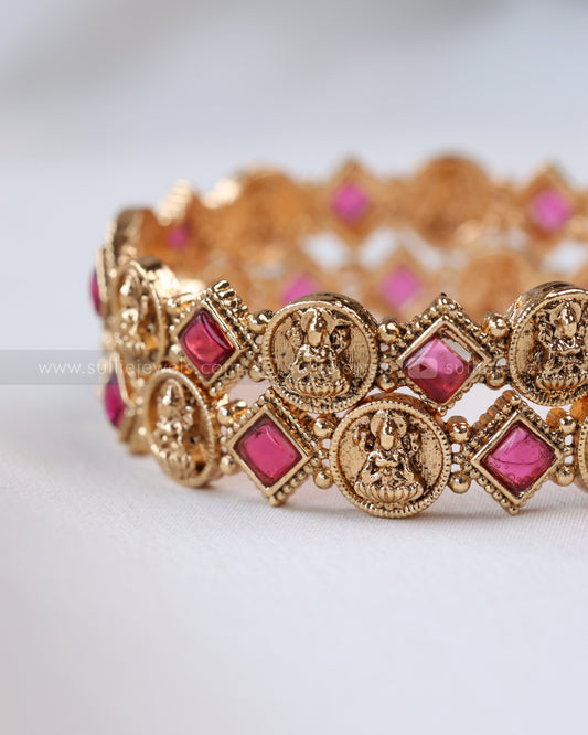 9071 - Sullie Basic - Red Square Stone Lakshmi Coin Bangle - Set of 2