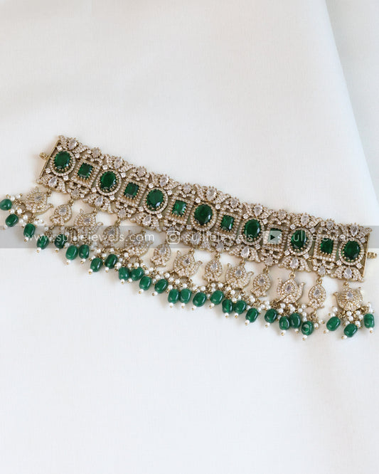 Polki Premium Heavy Choker with Earrings - Dark Green