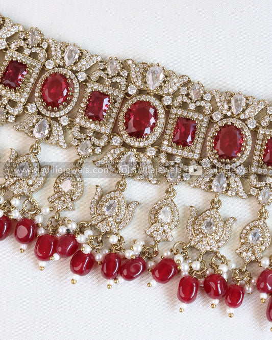 Polki Premium Heavy Choker with Earrings - Wine Red