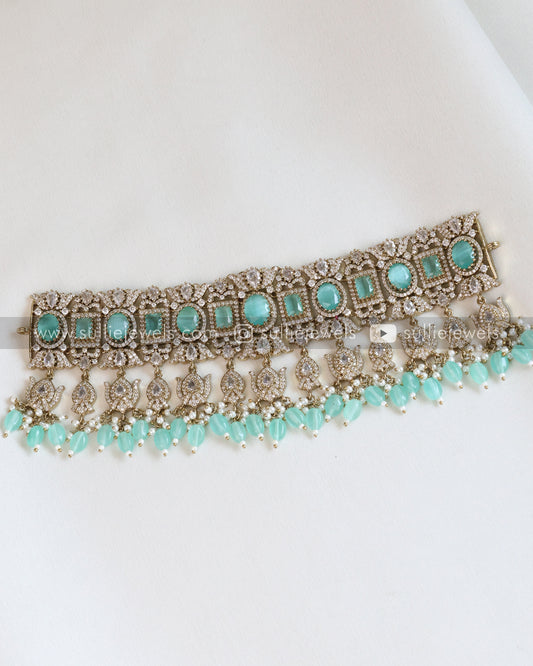 Polki Premium Heavy Choker with Earrings - Pastel Green