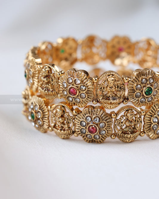 9040 - Sullie Basic Flower & Lakshmi Stone Gold Bangle - Set of 2