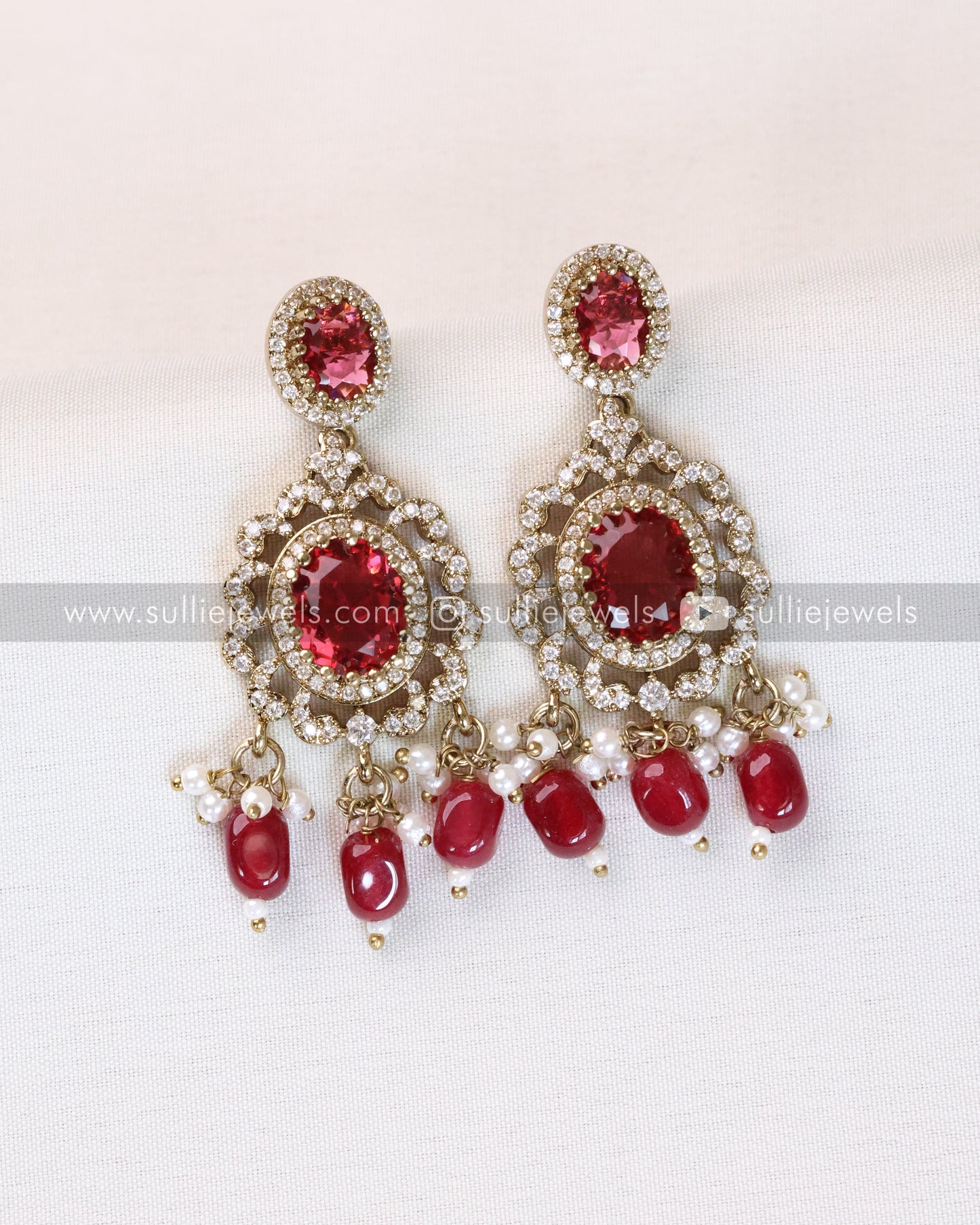 Polki Premium Heavy Choker with Earrings - Wine Red