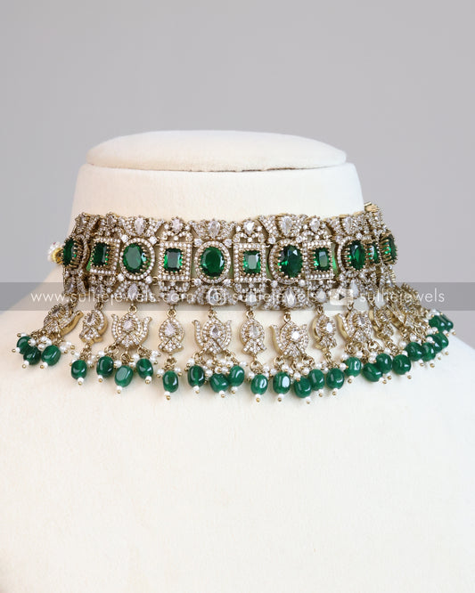 Polki Premium Heavy Choker with Earrings - Dark Green