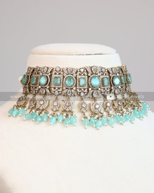 Polki Premium Heavy Choker with Earrings - Pastel Green