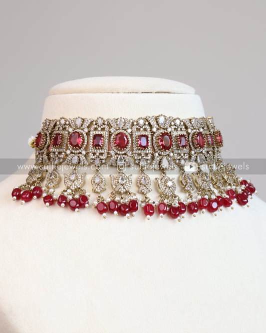 Polki Premium Heavy Choker with Earrings - Wine Red