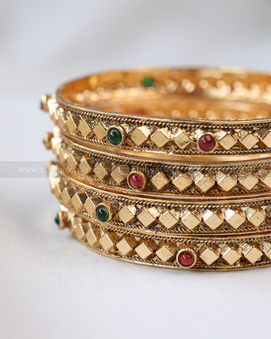 9046 - Sullie Basic - Multi Stone Intricate Square Bangle - Set of 4