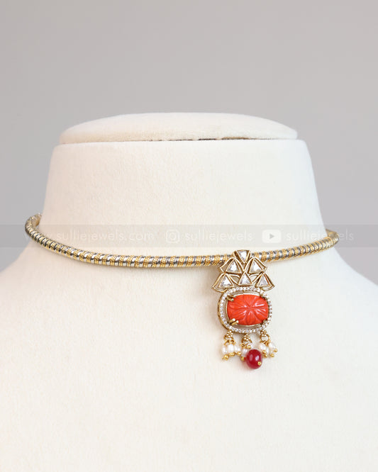 Orange Carved Stone Hasli with Earring