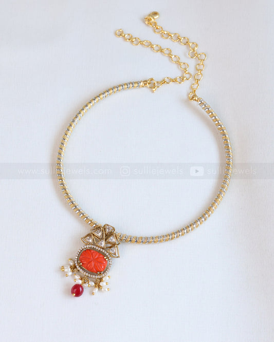 Orange Carved Stone Hasli with Earring