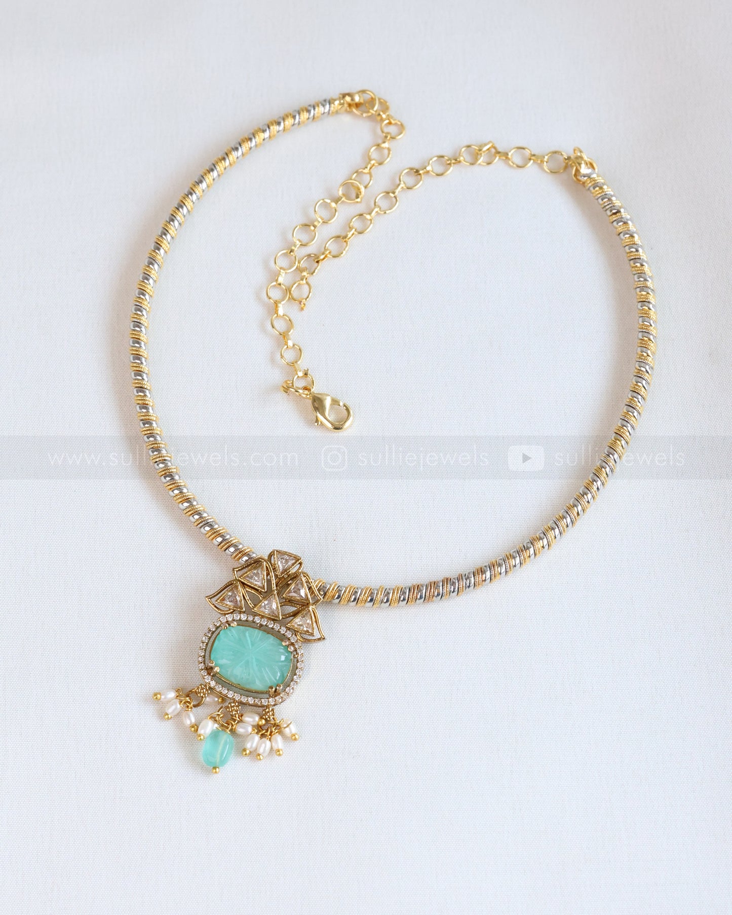 Teal Carved Stone Hasli with Earring