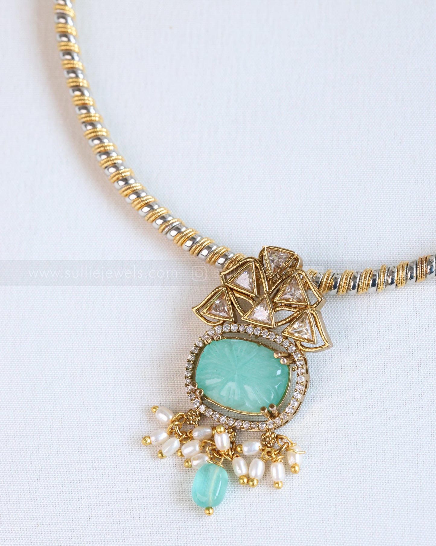 Teal Carved Stone Hasli with Earring