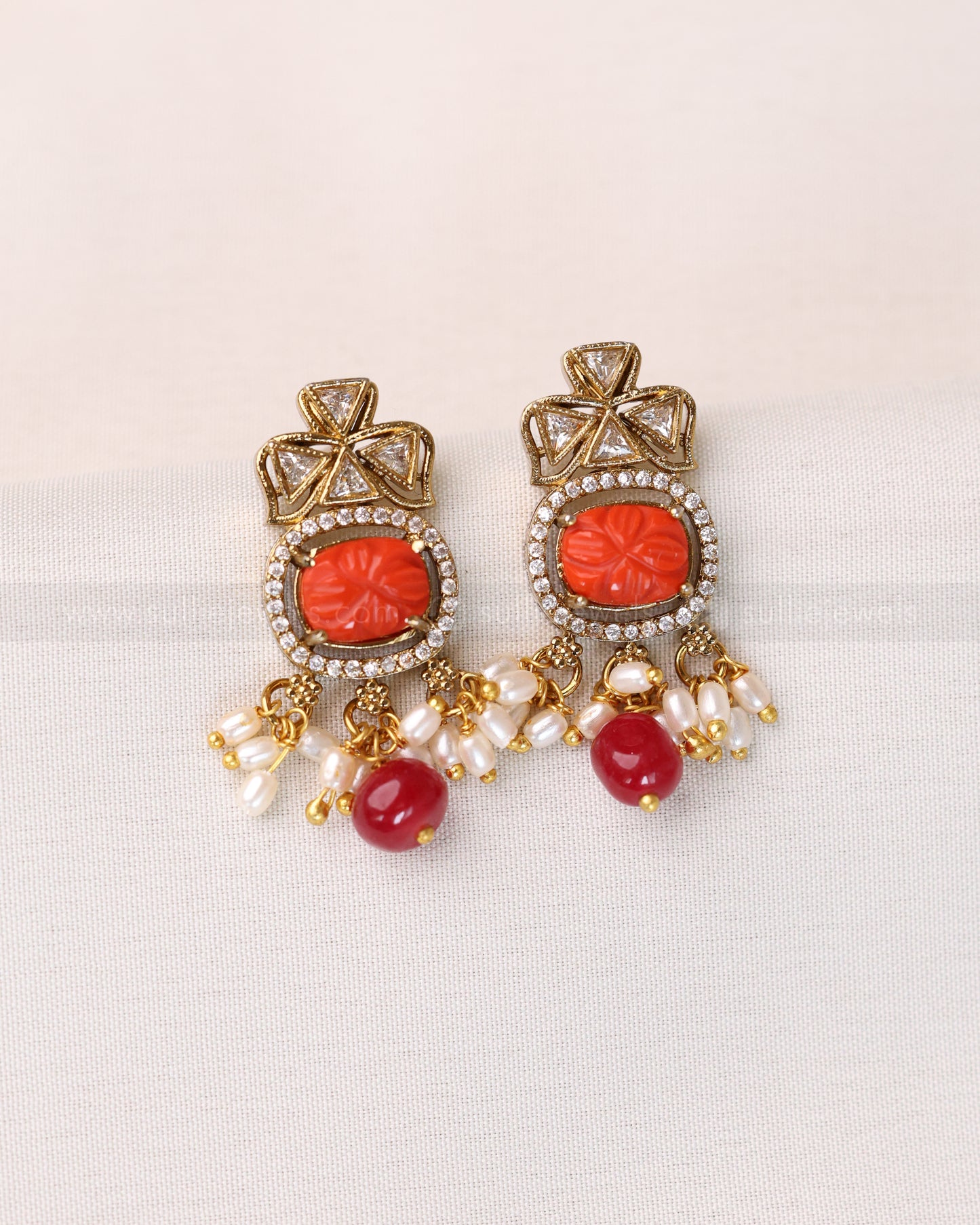 Orange Carved Stone Hasli with Earring