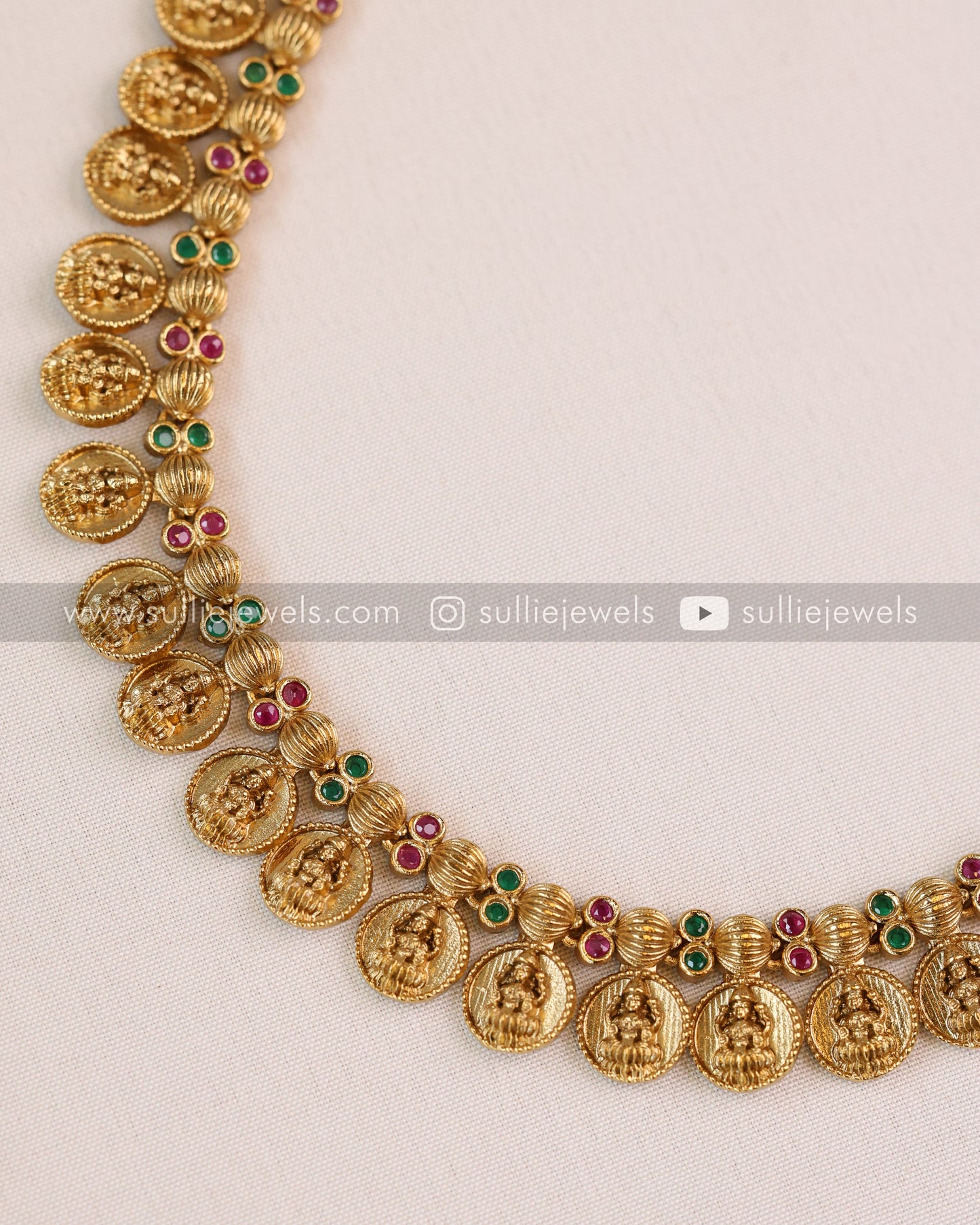 Lakshmi Detailed Green Carved Stone Coin Layered Combo