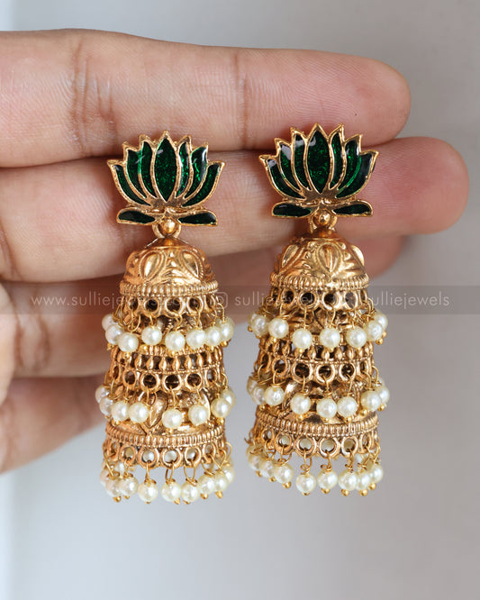 Sullie Basic Lotus 3 Layer Pearl Jhumka