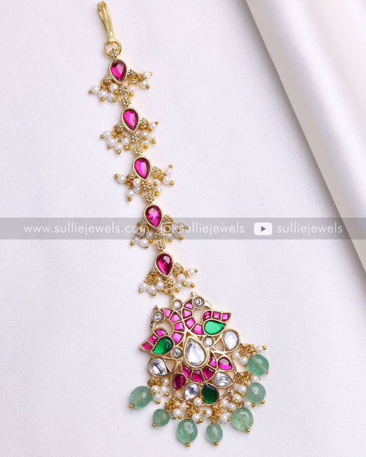 Premium Peacock Jadau Kemp Tikka with Mint beads