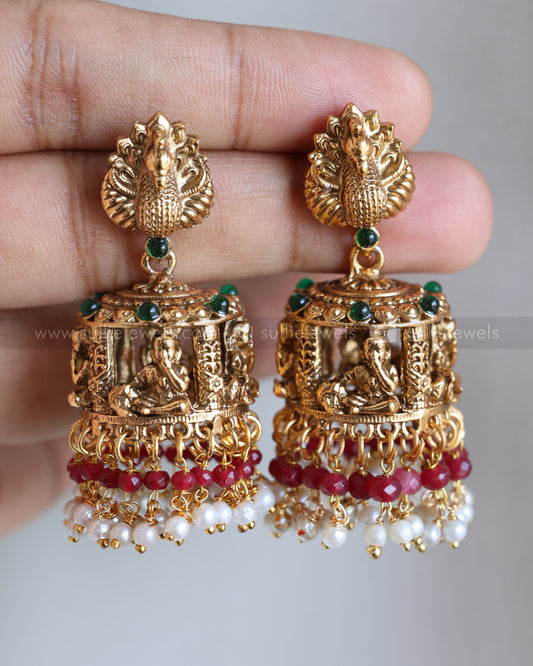 Sullie Basic Little Krishna Peacock Gold Jhumka - Mint, Pearl & Ruby