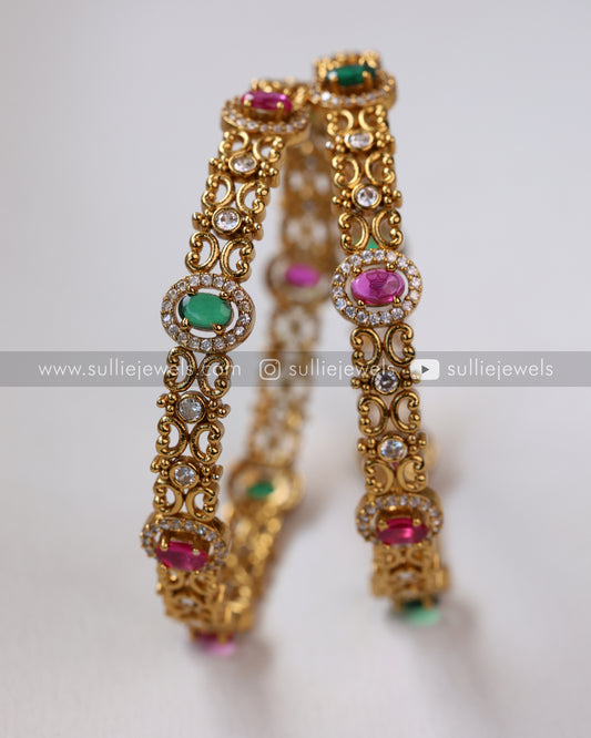 Multicolour Oval Stone Gold Bangle - Set of 4