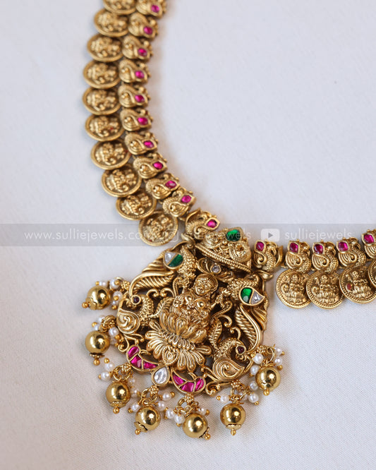 7141 - Premium Coin Goddess Necklace with Jhumka - Gold Beads