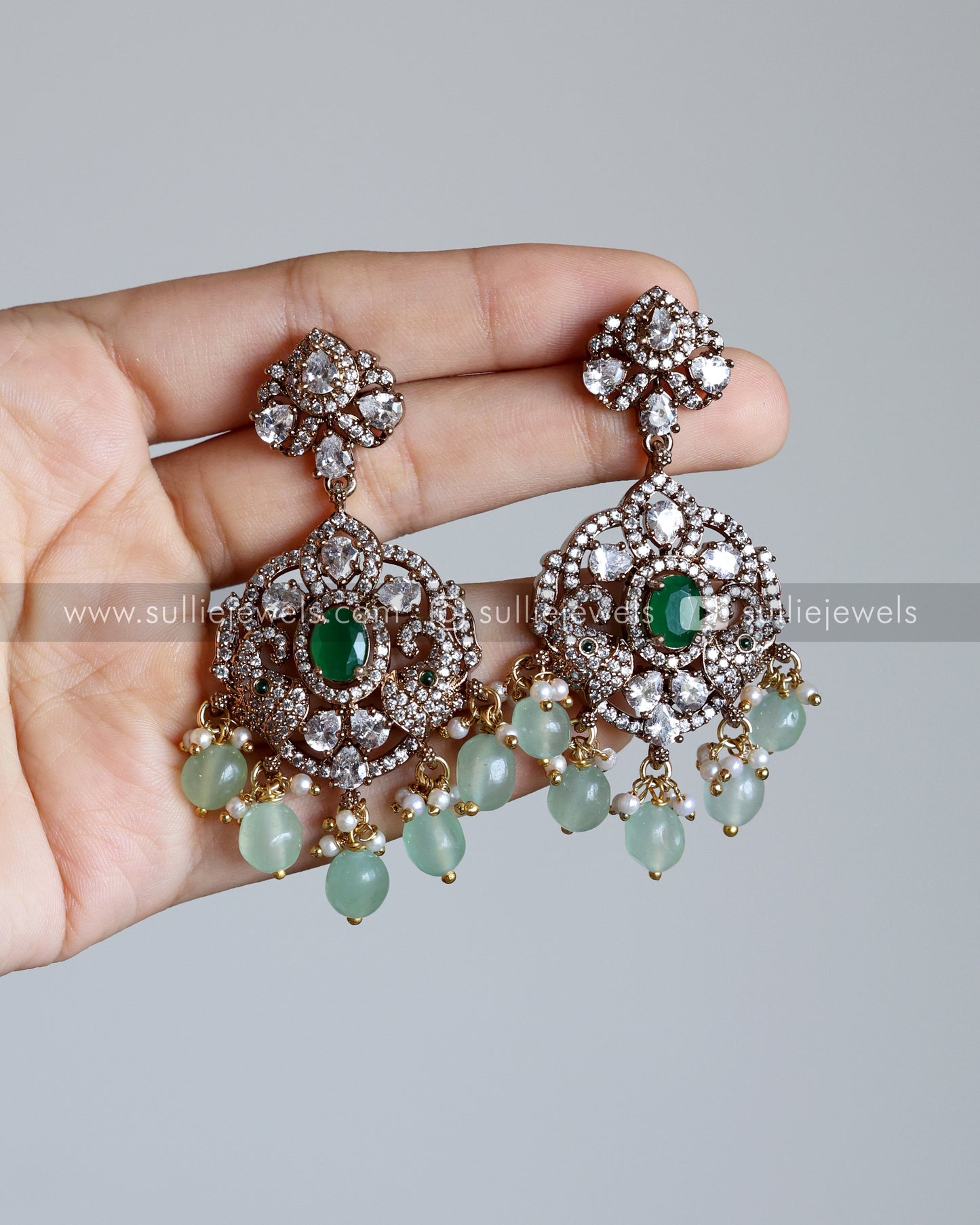 Lakshmi Premium 3 Layer AD Long Chain/Haaram ( Mint Beads ) with Earring