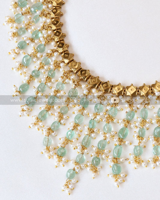 Guttapusalu Mint Beads Necklace Set with Earring