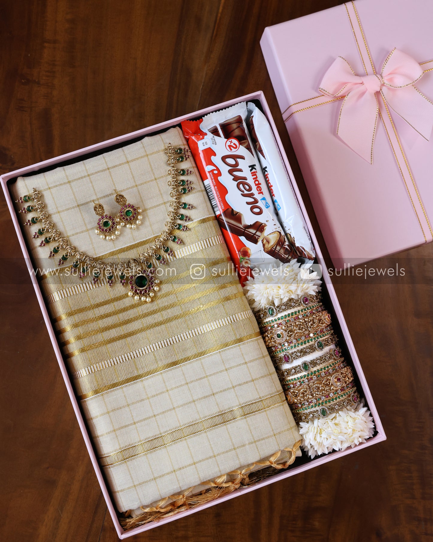 Onam Gift Hamper - saree, bangle set, necklace with earring, jasmine & chocolates
