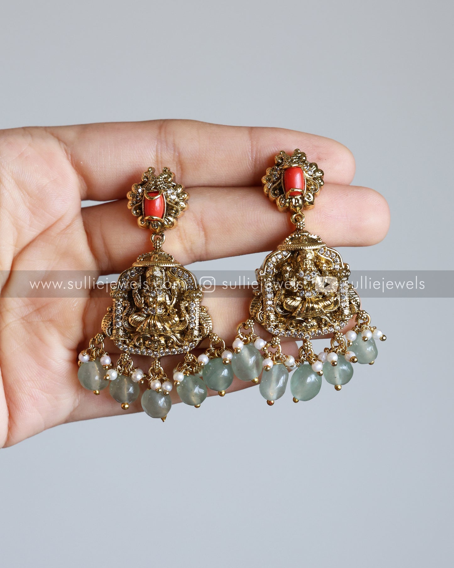 Coral Stone Premium Lakshmi AD Necklace with Earring - Mint Beads