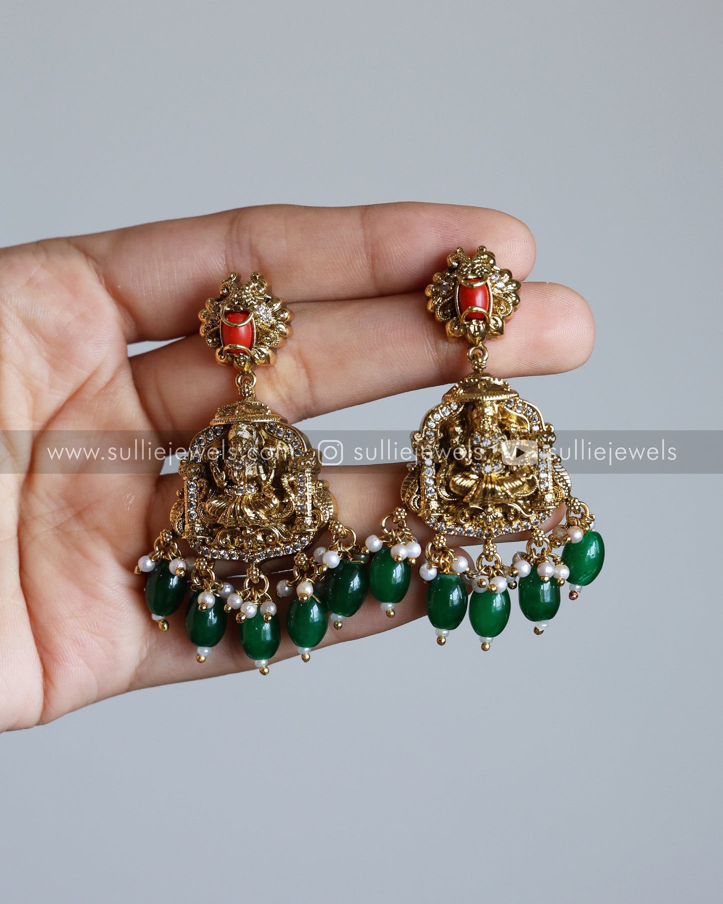 Coral Stone Premium Lakshmi AD Necklace with Earring - Green Beads