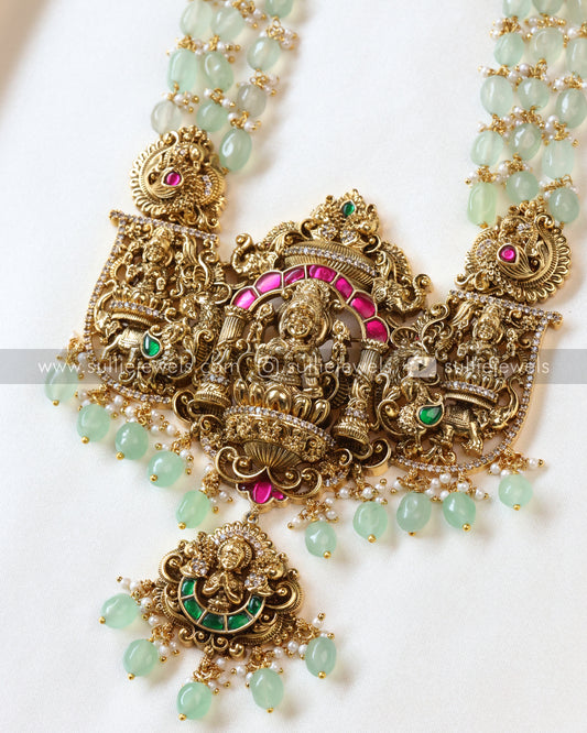 Lakshmi Peacock Premium Long Chain / Haaram with Earring - Mint Beads