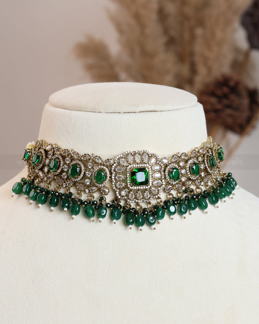 Premium Polki Emerald Heavy Choker with Earrings