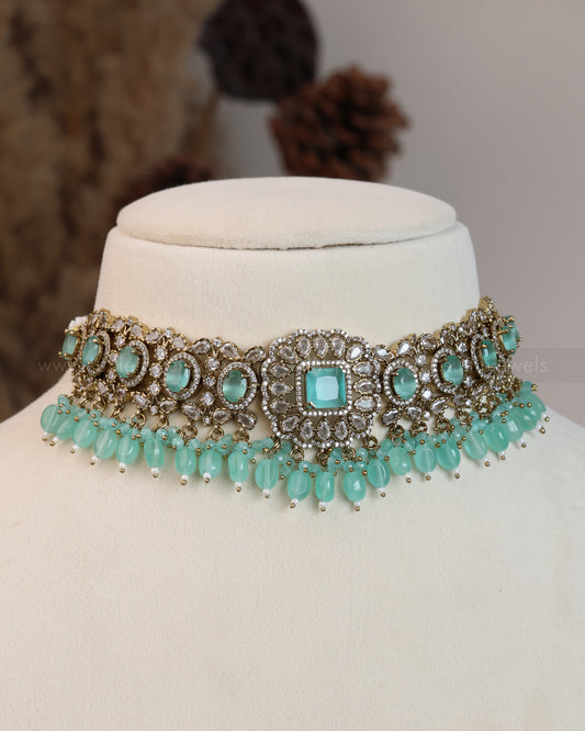 Premium Polki Teal Heavy Choker with Earrings