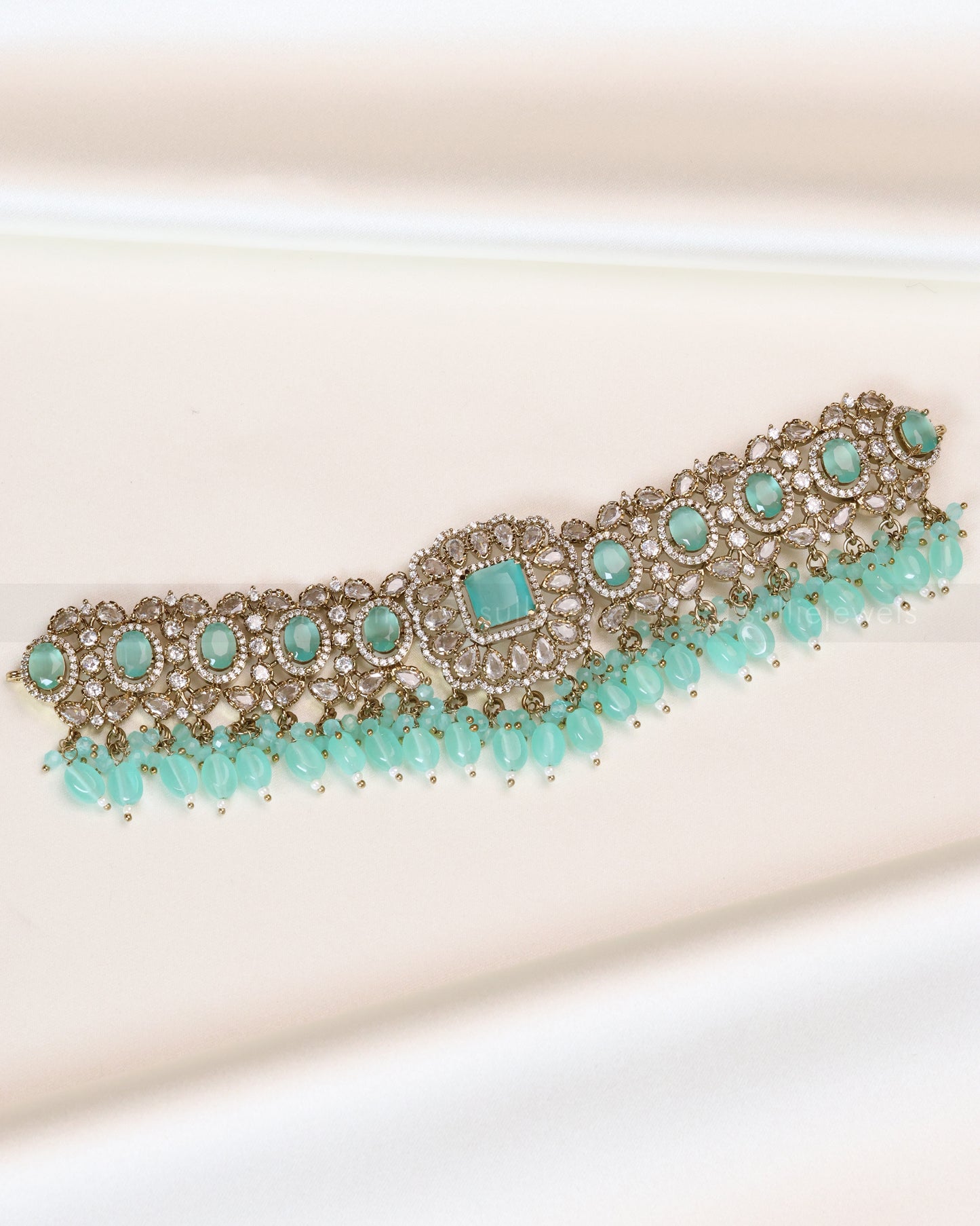 Premium Polki Teal Heavy Choker with Earrings