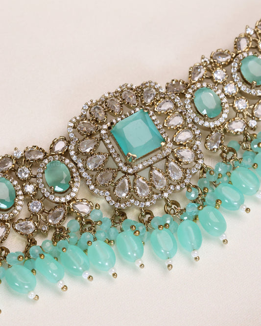 Premium Polki Teal Heavy Choker with Earrings