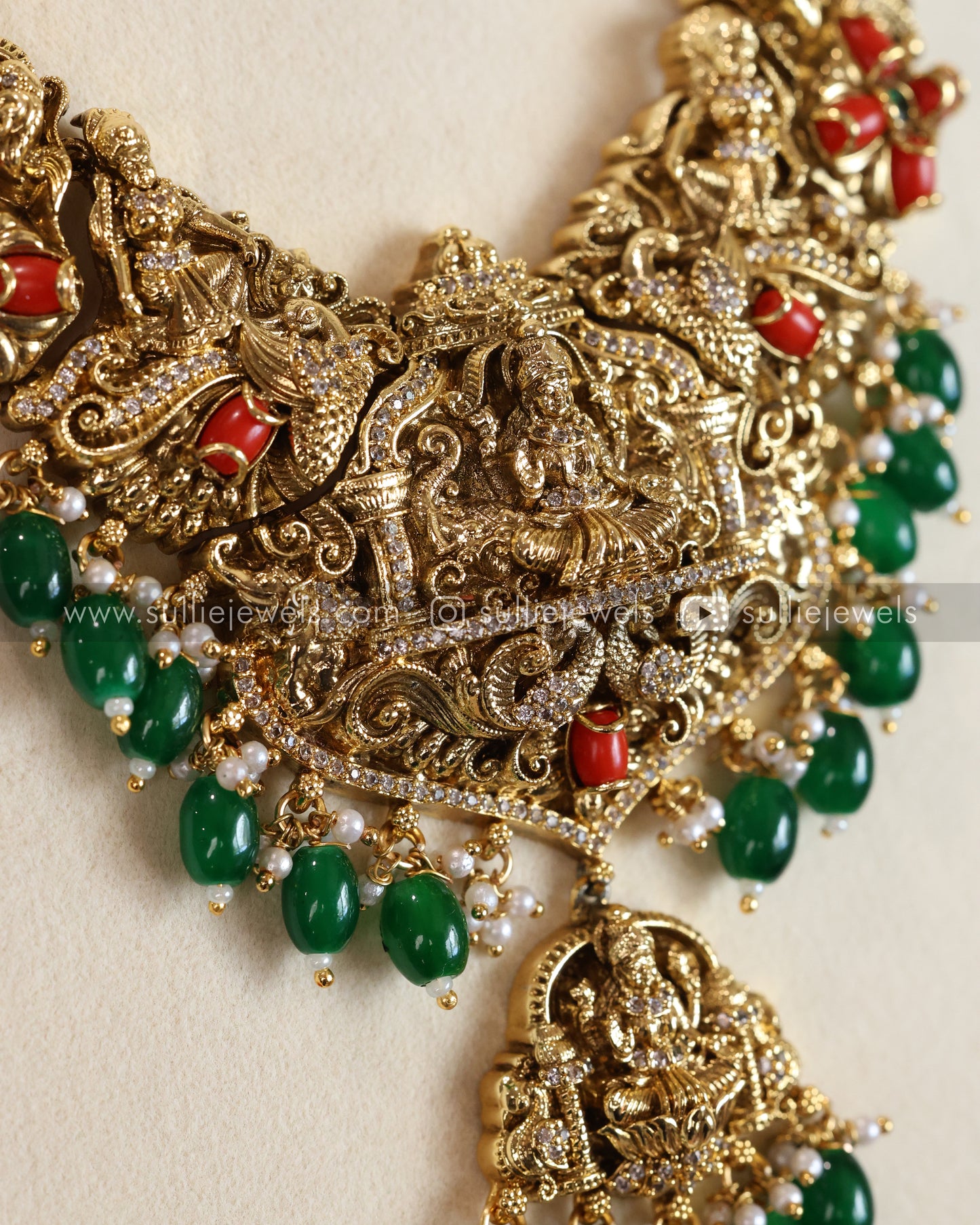 Coral Stone Premium Lakshmi AD Necklace with Earring - Green Beads