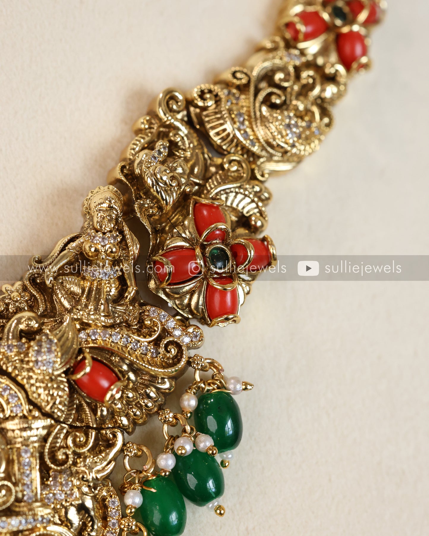 Coral Stone Premium Lakshmi AD Necklace with Earring - Green Beads