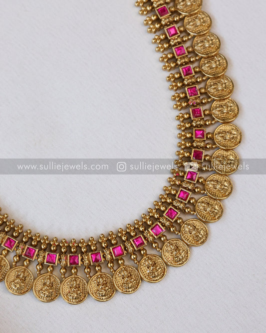 Pink Stone Coin Long Chain / Haram with Gold Jhumka