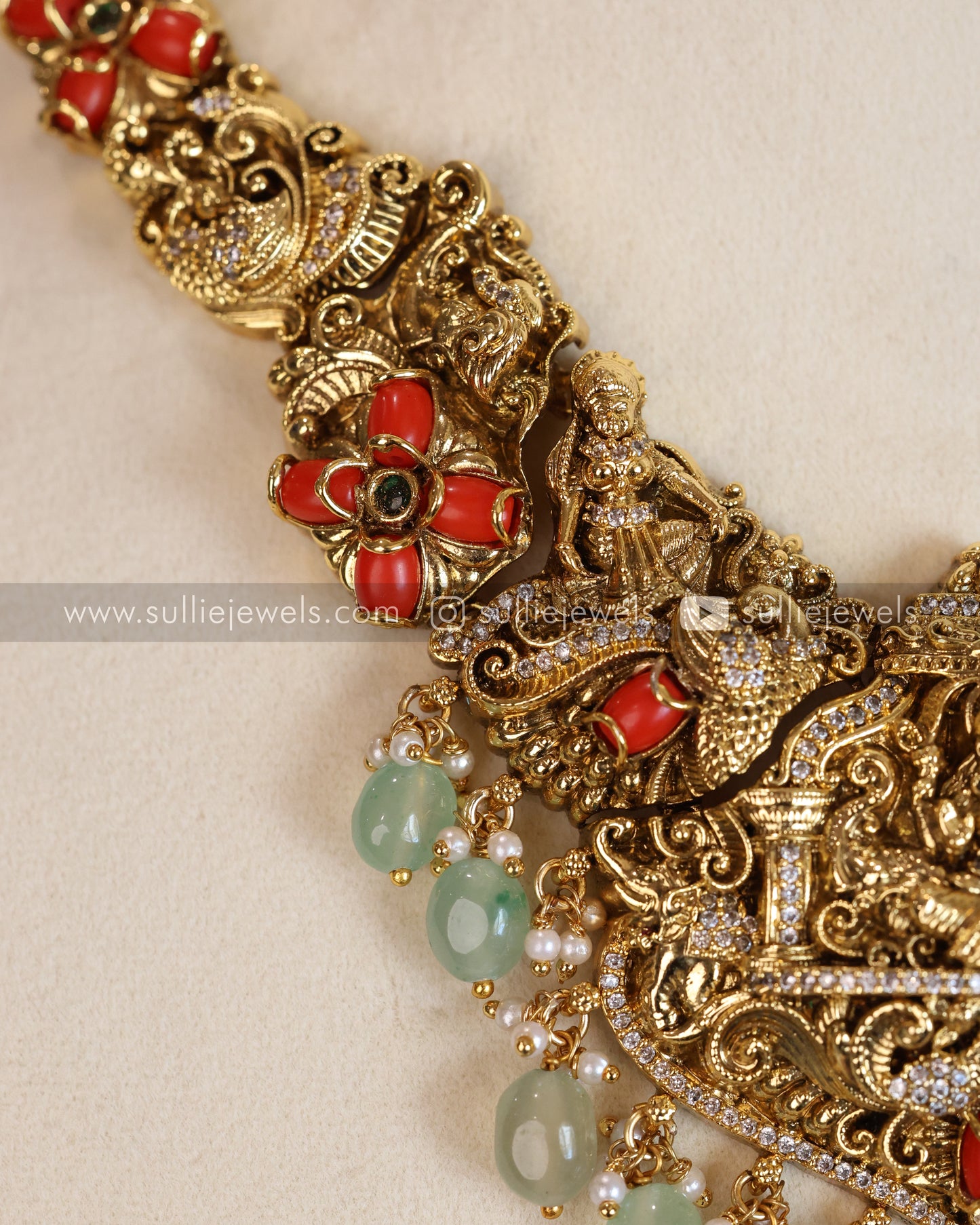 Coral Stone Premium Lakshmi AD Necklace with Earring - Mint Beads