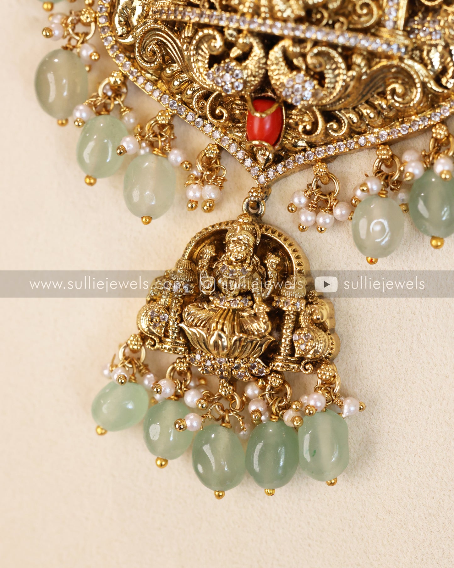 Coral Stone Premium Lakshmi AD Necklace with Earring - Mint Beads