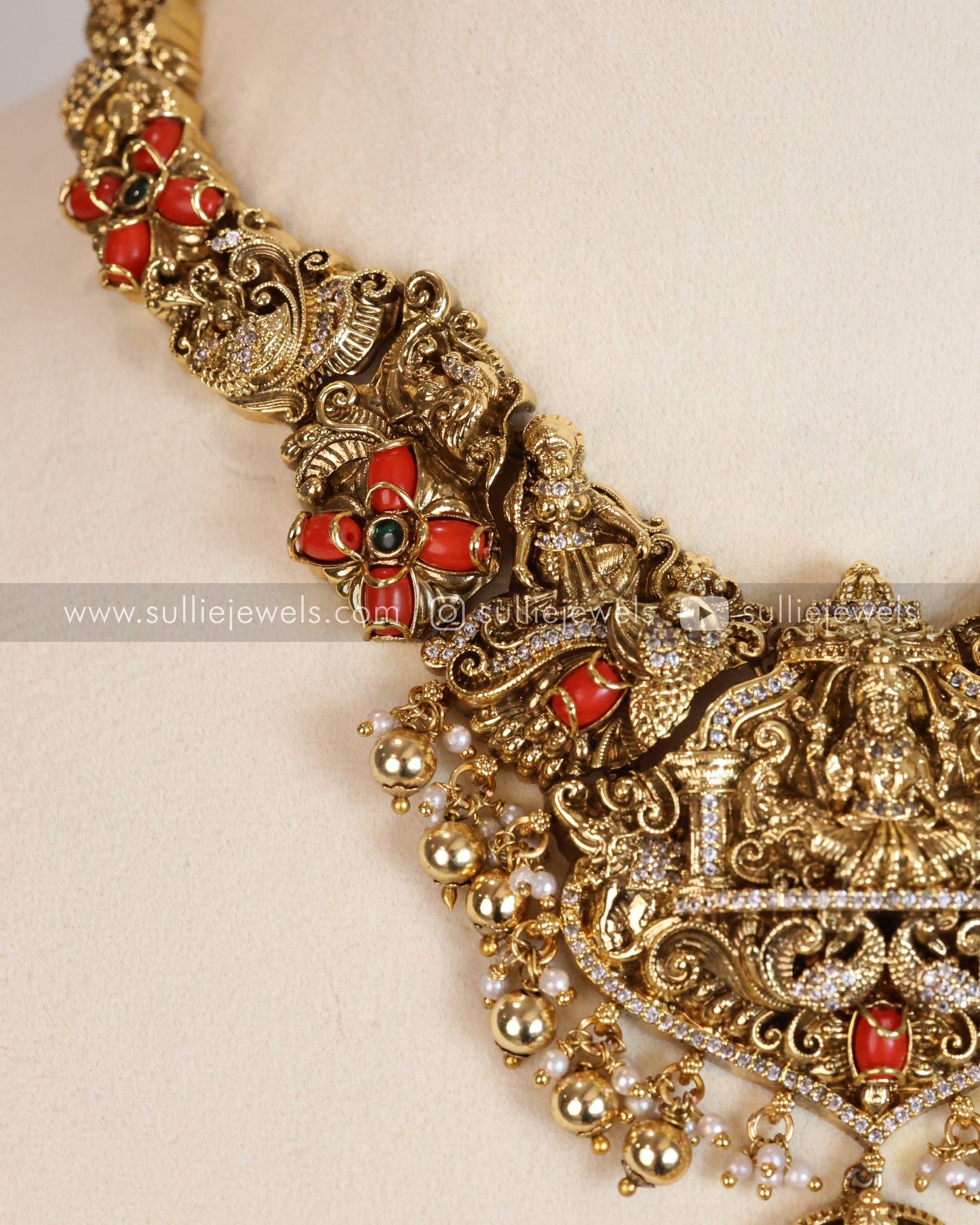 Coral Stone Premium Lakshmi AD Necklace with Earring