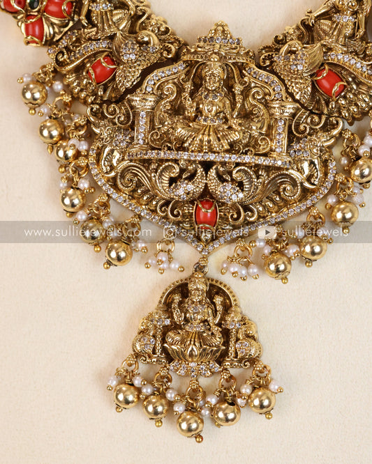 Coral Stone Premium Lakshmi AD Necklace with Earring