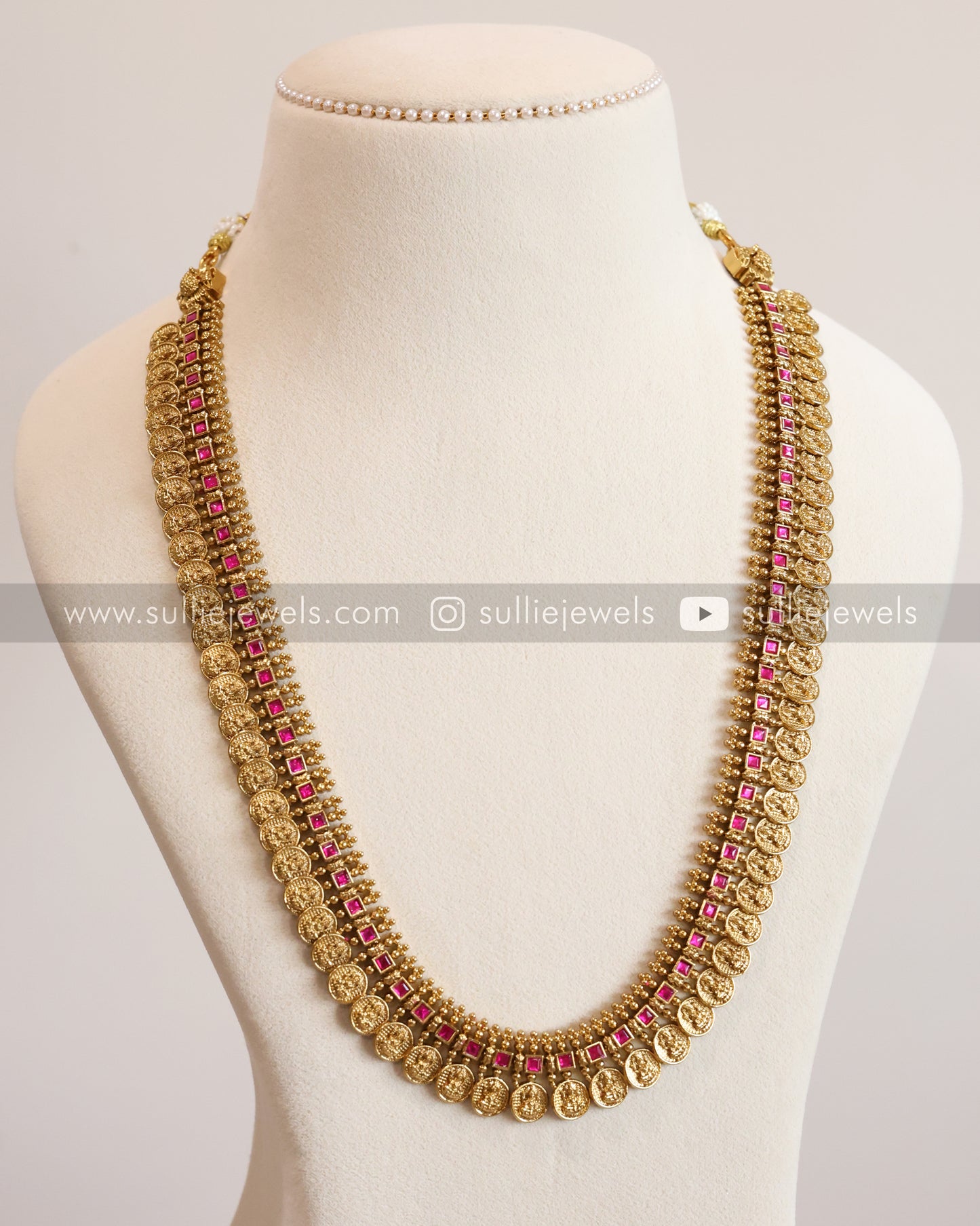 Pink Stone Coin Long Chain / Haram with Gold Jhumka