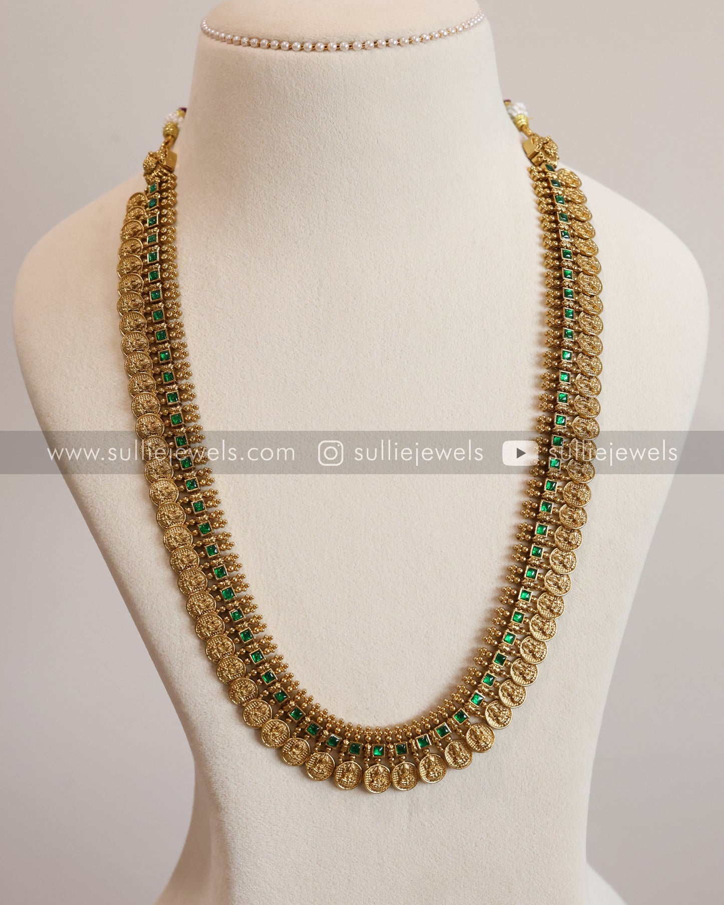 Green Stone Coin Long Chain / Haram with Gold Jhumka
