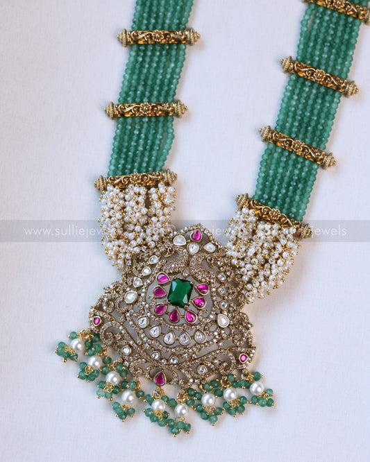 7138 - Victorian Pearl Onyx Beads Long Chain / Haaram with Earring