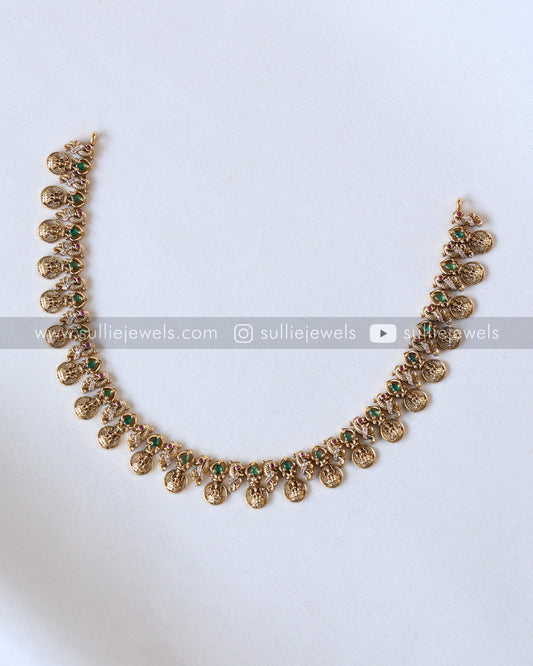 Designer Peacock Green Coin Necklace with Stud