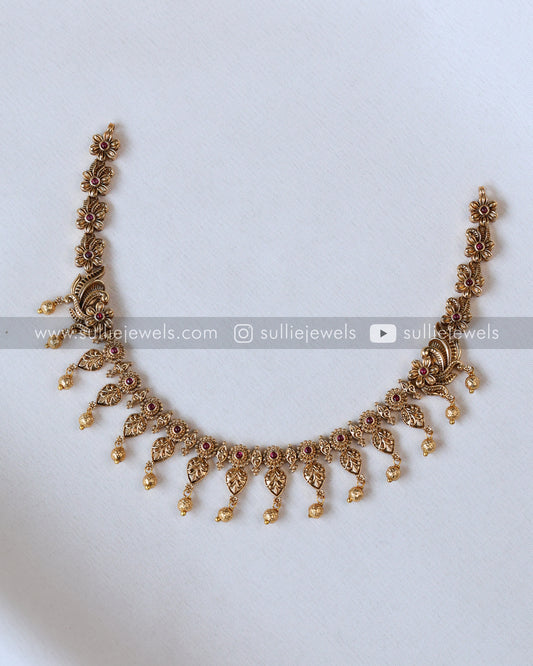 Gold Beads Floral Leaf Necklace with Stud