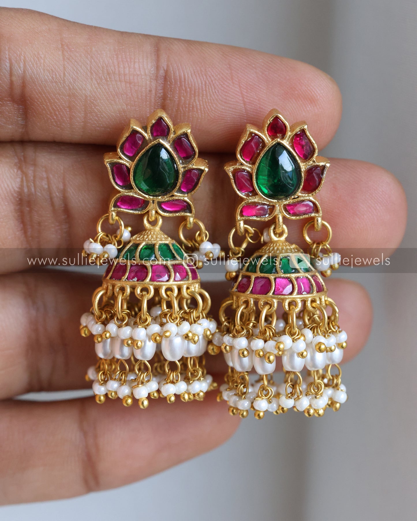 Jadau Kemp Lotus Double Layer Pearl Premium Jhumka